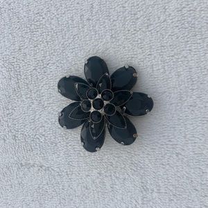 Black Flower Lapel Pin Brooch Silver Accents